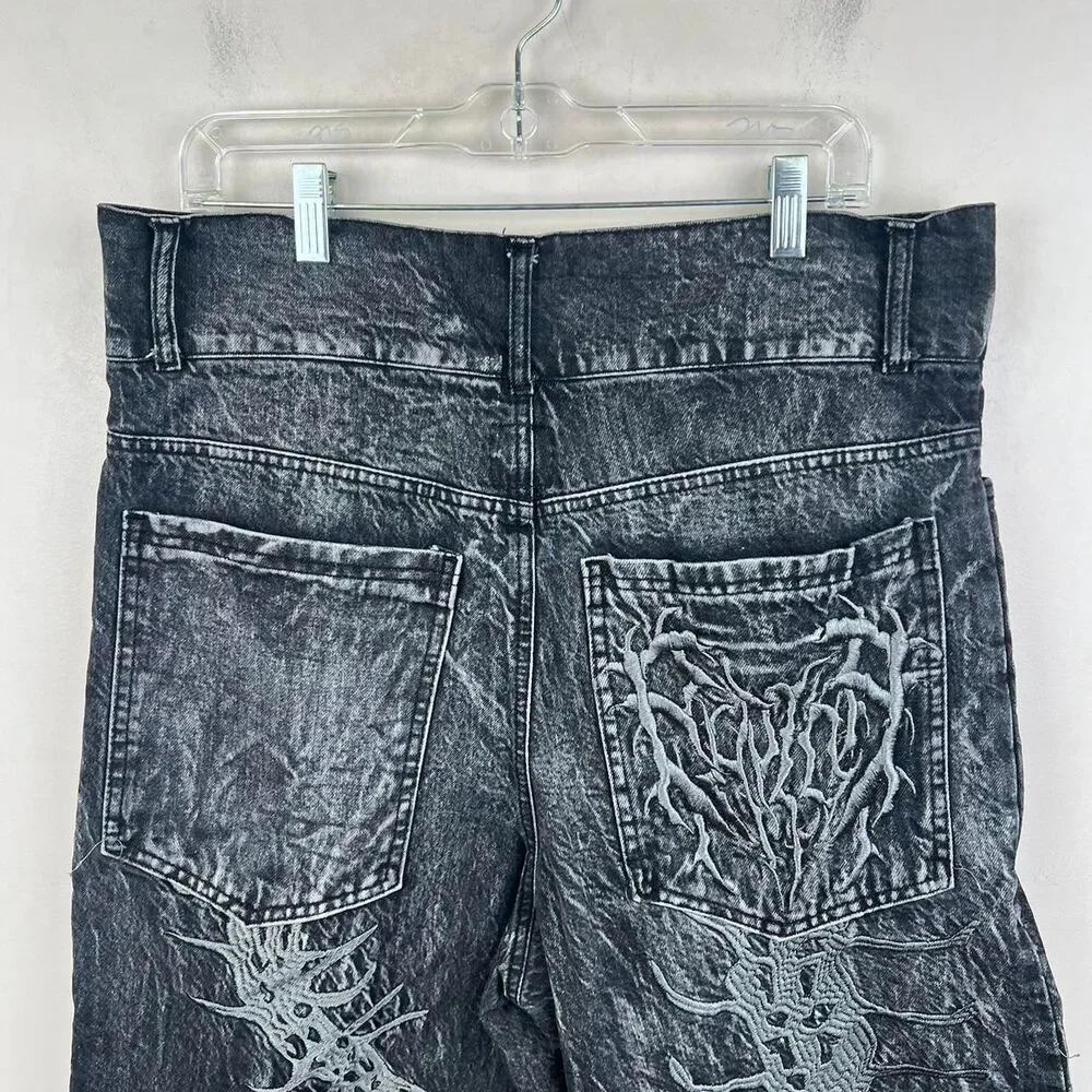 Y2K JNCO Style Black Denim Shorts With White Flame Design Size M